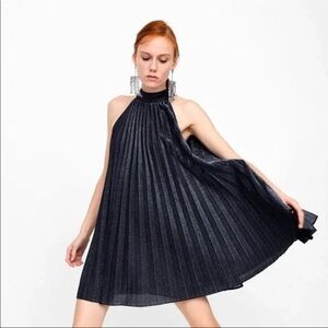 ZARA Pleated halter black & silver shimmer accordion mini dress XS NWT